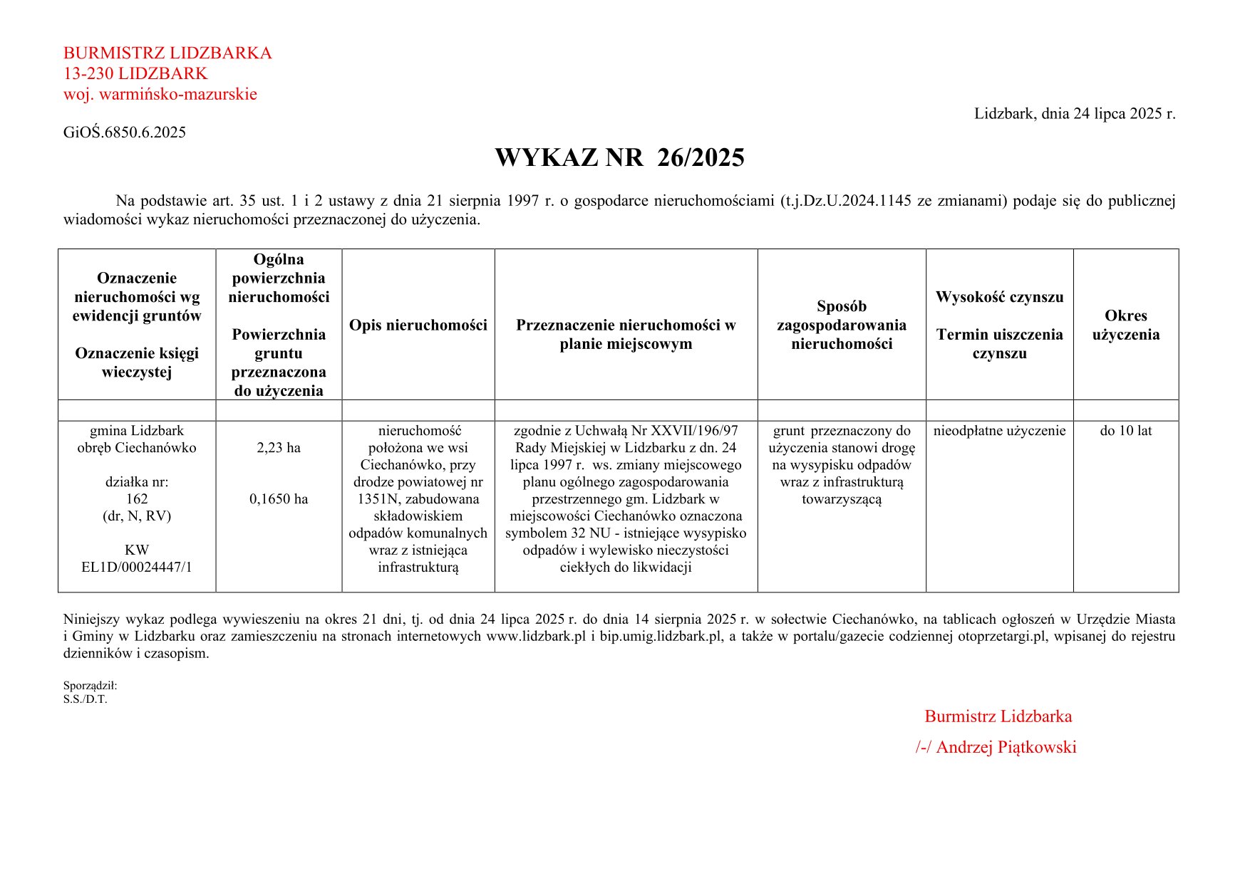 Wykaz Nr 26/2025 - Nieruchomość gruntowa do użyczenia - obr. Ciechanówko dz. nr 162